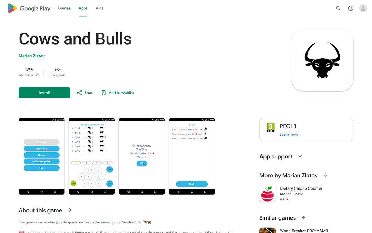 Cows and Bulls — страница на мобилната игра в Google Play